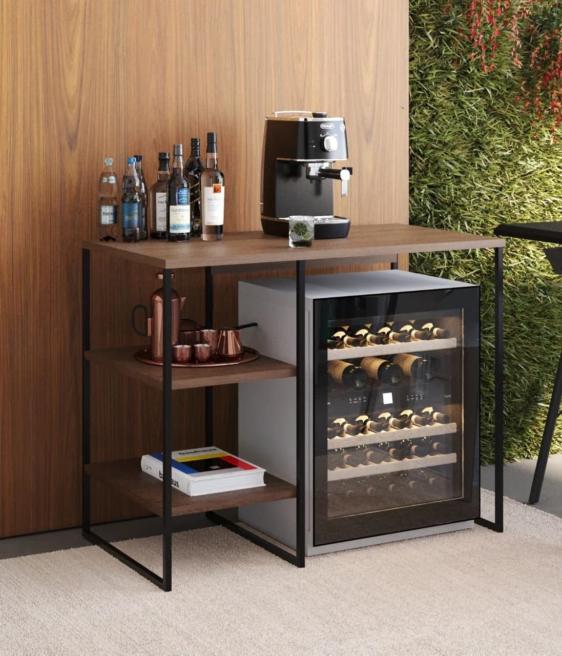 APARADOR ADEGA BOURBON PRETO E CARVALHO 95 CM