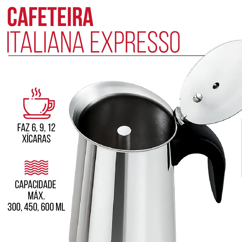 Cafeteira Expresso Italiana 600ml Aço Inox – Faz até 12 Xícaras de Café Cafeteira Italiana 300ml — foto 2 de 9