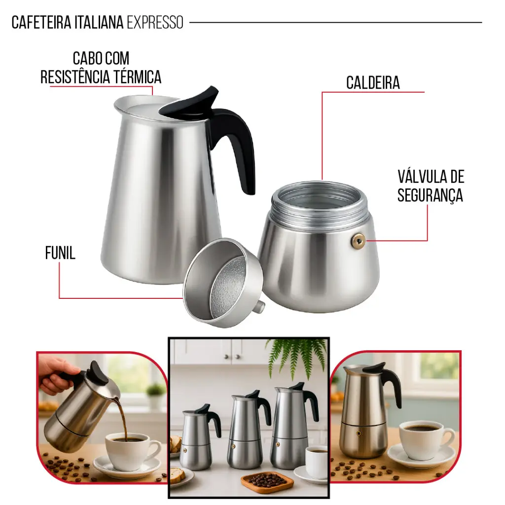 Cafeteira Expresso Italiana 600ml Aço Inox – Faz até 12 Xícaras de Café Cafeteira Italiana 300ml — foto 4 de 9