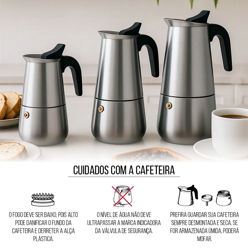 Cafeteira Expresso Italiana 600ml Aço Inox – Faz até 12 Xícaras de Café Cafeteira Italiana 300ml — foto 6 de 9