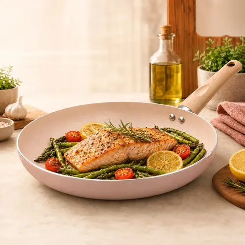 Frigideira Cerâmica 28cm Antiaderente Indução Frita Sem Óleo Ceramica Casa Cozinha Receitas Cabo Madeira Soft Touch