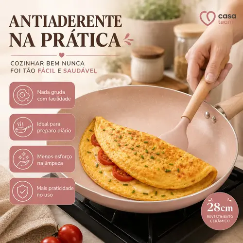 Frigideira Cerâmica 28cm Antiaderente Indução Frita Sem Óleo Ceramica Casa Cozinha Receitas Cabo Madeira Soft Touch Padrão — foto 2 de 9