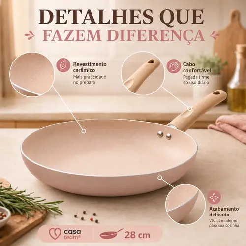 Frigideira Cerâmica 28cm Antiaderente Indução Frita Sem Óleo Ceramica Casa Cozinha Receitas Cabo Madeira Soft Touch Padrão — foto 3 de 9