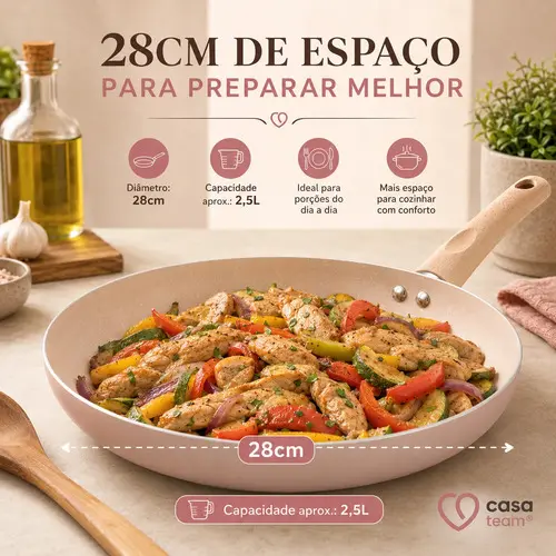 Frigideira Cerâmica 28cm Antiaderente Indução Frita Sem Óleo Ceramica Casa Cozinha Receitas Cabo Madeira Soft Touch Padrão — foto 4 de 9