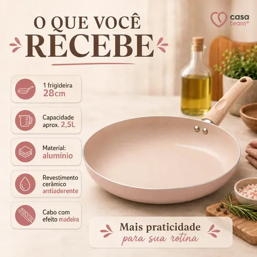 Frigideira Cerâmica 28cm Antiaderente Indução Frita Sem Óleo Ceramica Casa Cozinha Receitas Cabo Madeira Soft Touch Padrão — foto 5 de 9