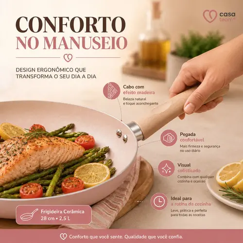 Frigideira Cerâmica 28cm Antiaderente Indução Frita Sem Óleo Ceramica Casa Cozinha Receitas Cabo Madeira Soft Touch Padrão — foto 6 de 9