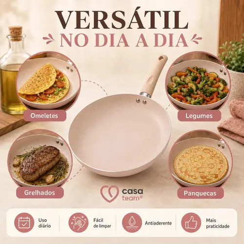 Frigideira Cerâmica 28cm Antiaderente Indução Frita Sem Óleo Ceramica Casa Cozinha Receitas Cabo Madeira Soft Touch Padrão — foto 7 de 9