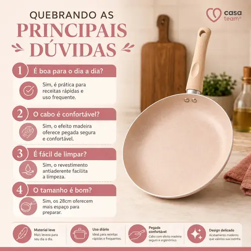 Frigideira Cerâmica 28cm Antiaderente Indução Frita Sem Óleo Ceramica Casa Cozinha Receitas Cabo Madeira Soft Touch Padrão — foto 8 de 9