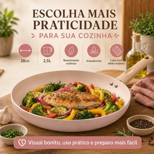 Frigideira Cerâmica 28cm Antiaderente Indução Frita Sem Óleo Ceramica Casa Cozinha Receitas Cabo Madeira Soft Touch Padrão — foto 9 de 9