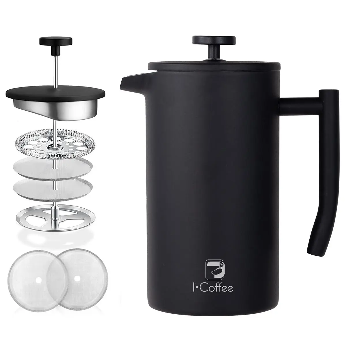 ICoffee cafeteira francesa Icoffee preta, 700 ml, em aço inoxidável, com isolamento térmico de dupla camada