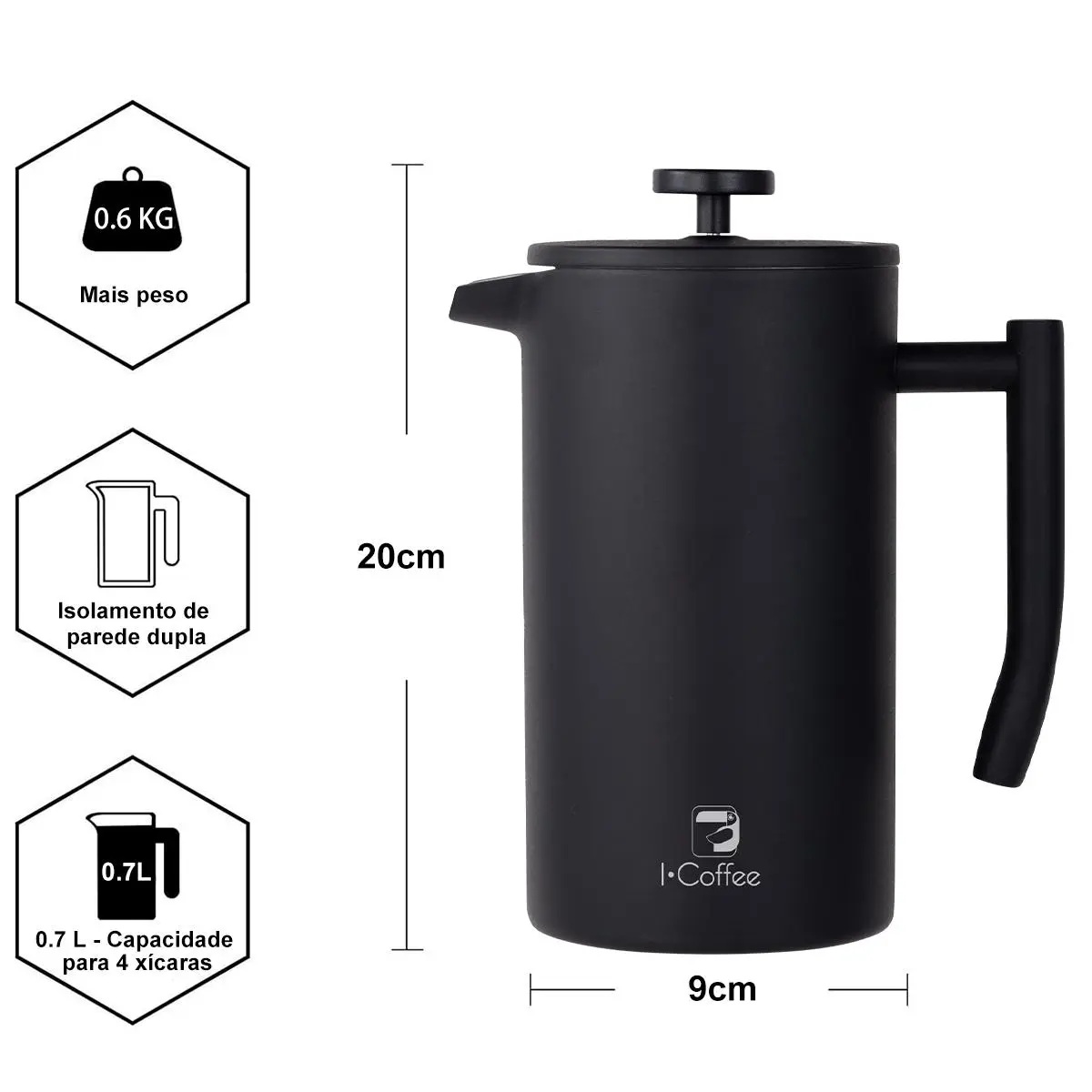 ICoffee cafeteira francesa Icoffee preta, 700 ml, em aço inoxidável, com isolamento térmico de dupla camada Padrão — foto 2 de 9