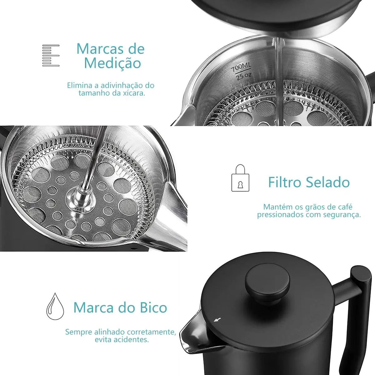 ICoffee cafeteira francesa Icoffee preta, 700 ml, em aço inoxidável, com isolamento térmico de dupla camada Padrão — foto 4 de 9