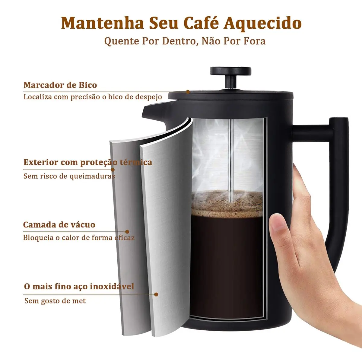 ICoffee cafeteira francesa Icoffee preta, 700 ml, em aço inoxidável, com isolamento térmico de dupla camada Padrão — foto 5 de 9