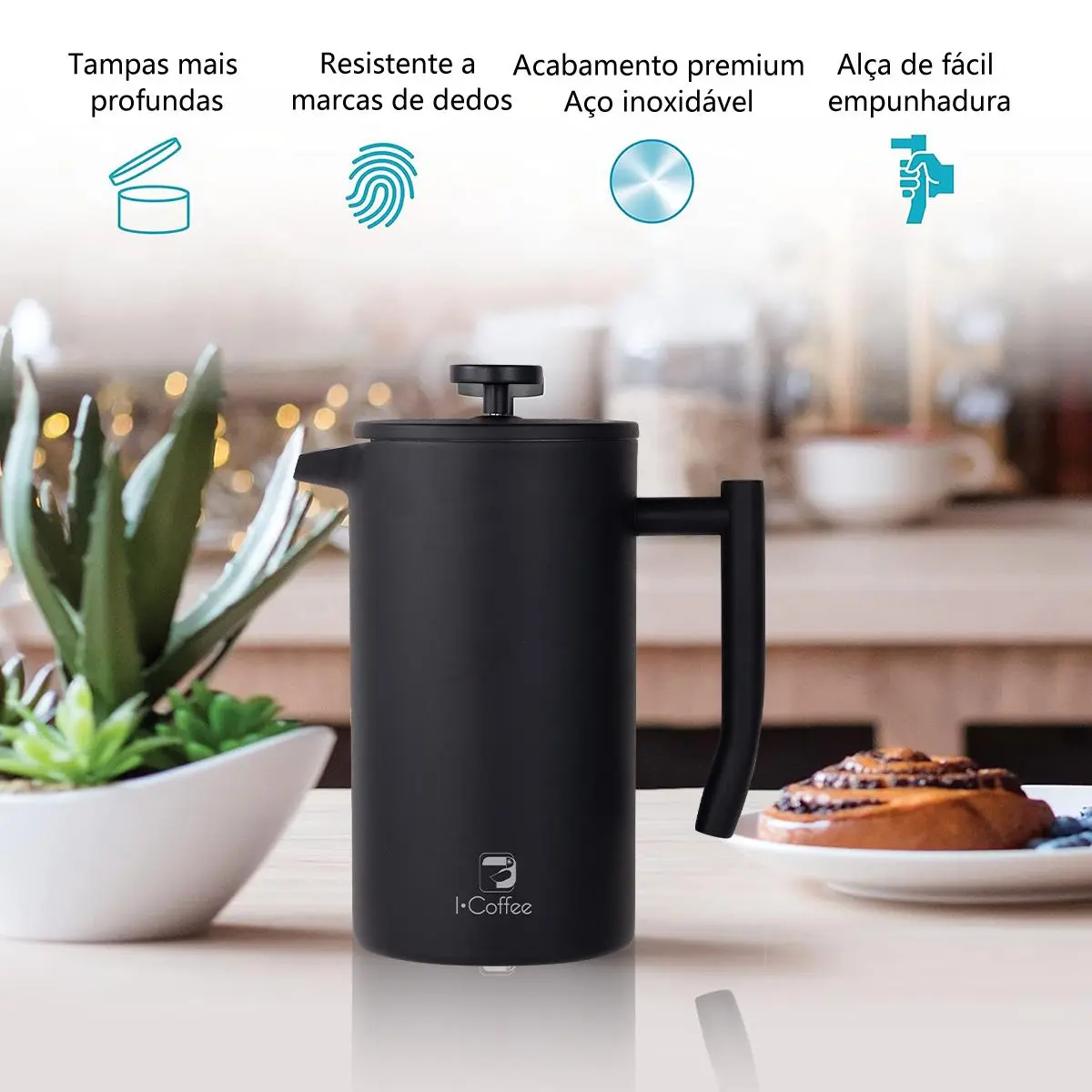 ICoffee cafeteira francesa Icoffee preta, 700 ml, em aço inoxidável, com isolamento térmico de dupla camada Padrão — foto 7 de 9