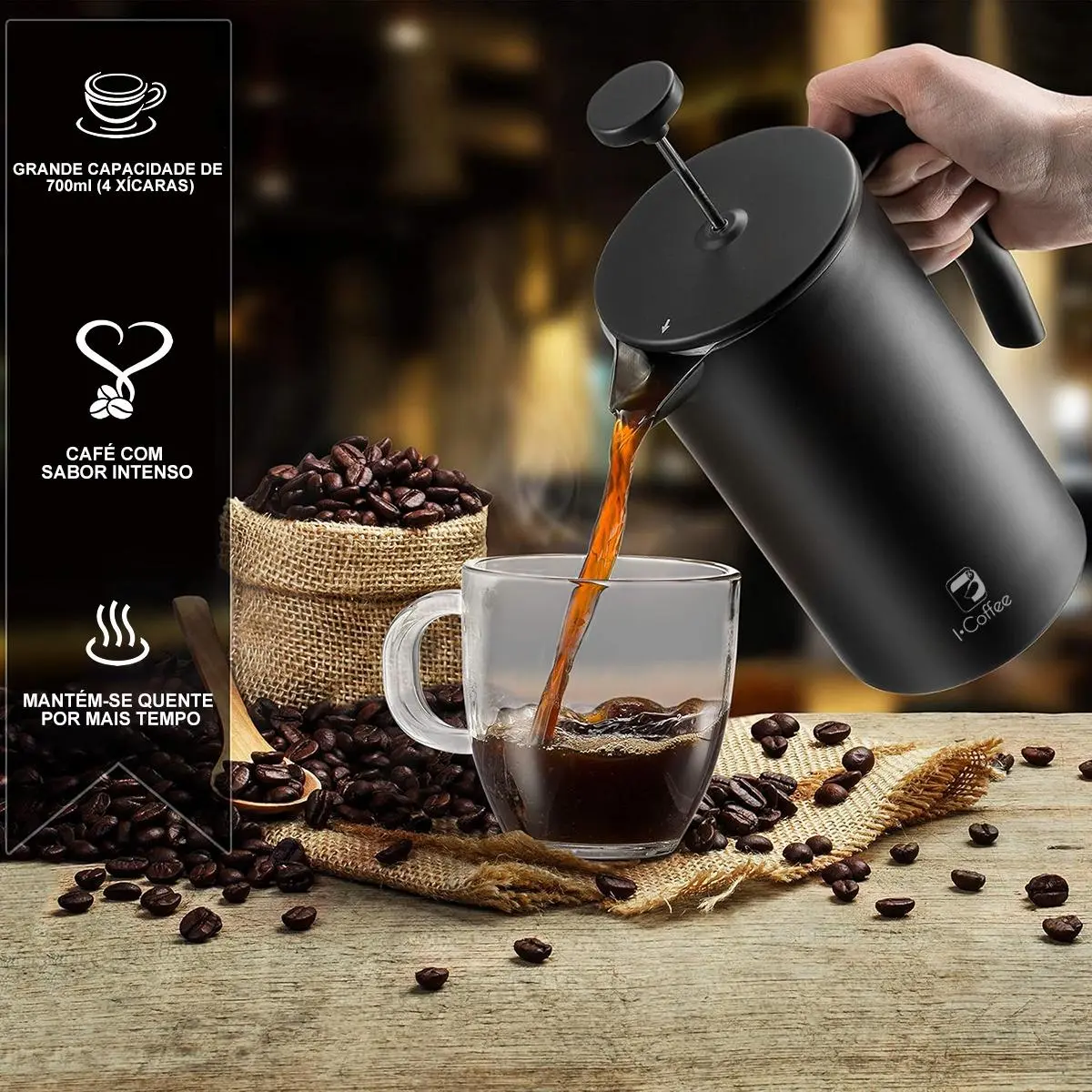 ICoffee cafeteira francesa Icoffee preta, 700 ml, em aço inoxidável, com isolamento térmico de dupla camada Padrão — foto 8 de 9