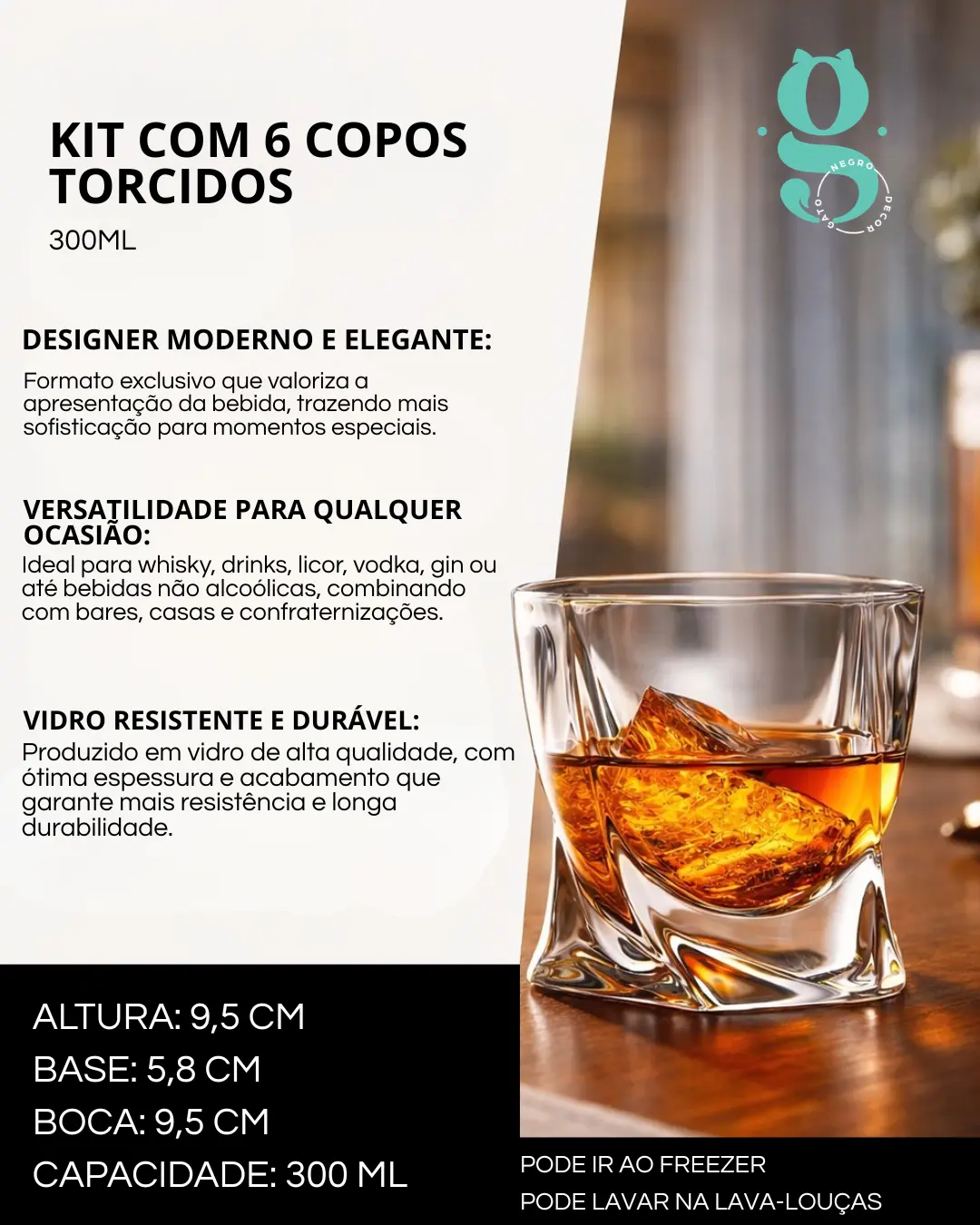 Jogo 06 Copos De Vidro Torcido 300ml Whisky Drinks Licor Vodka Vidro — foto 4 de 6
