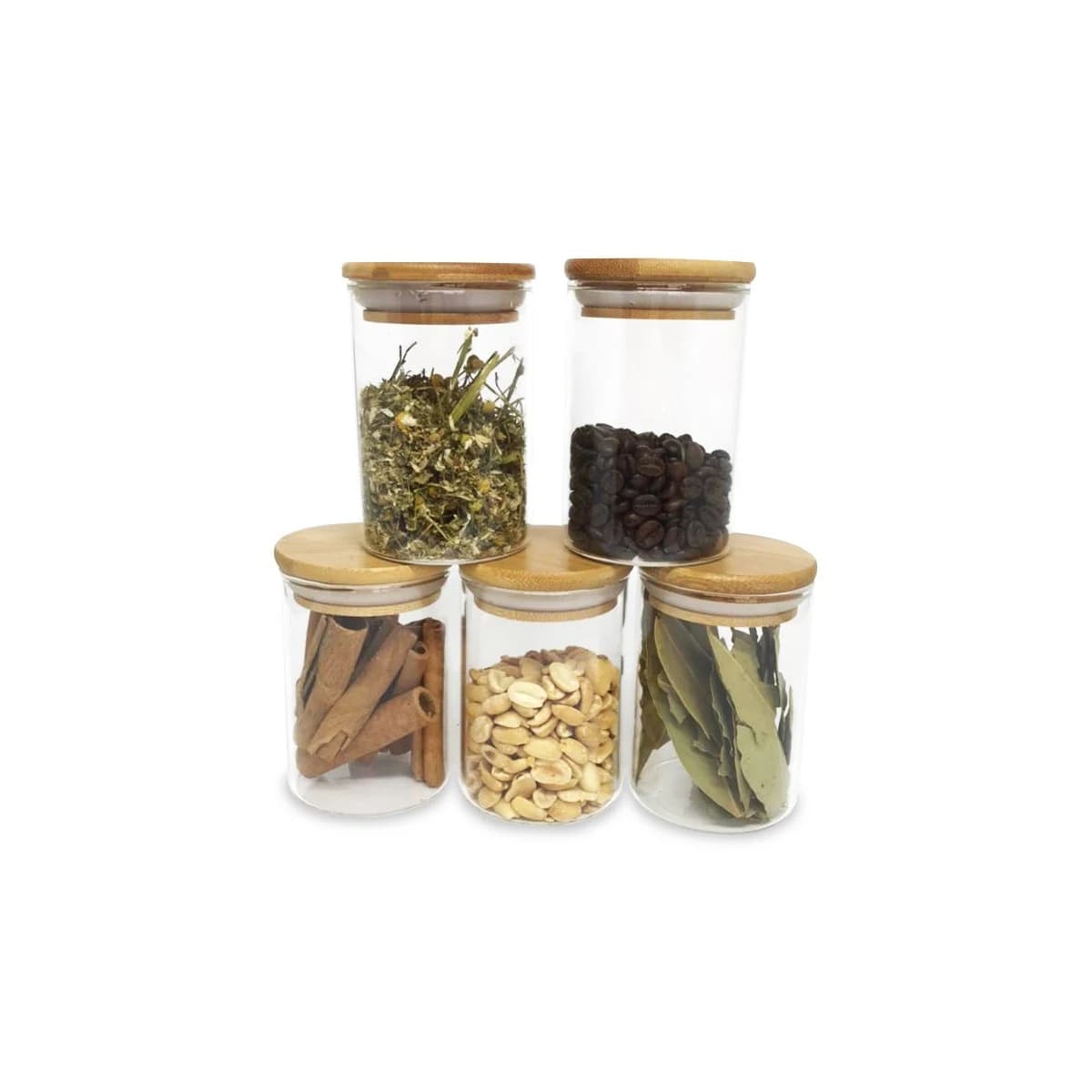 Jogo de 5 Potes Herméticos de Vidro Tampa de Bambu - 250 Ml Oikos