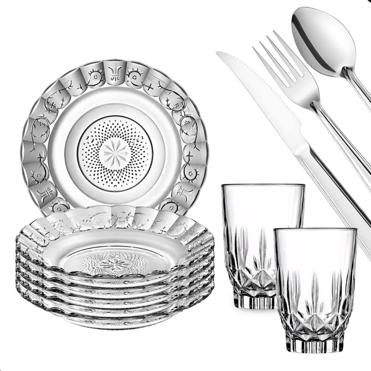 Jogo de Jantar 20 Peças Vidro e Inox 4 Pratos Estrela 4 Copos Konia Talheres Aço Inox Kit Completo