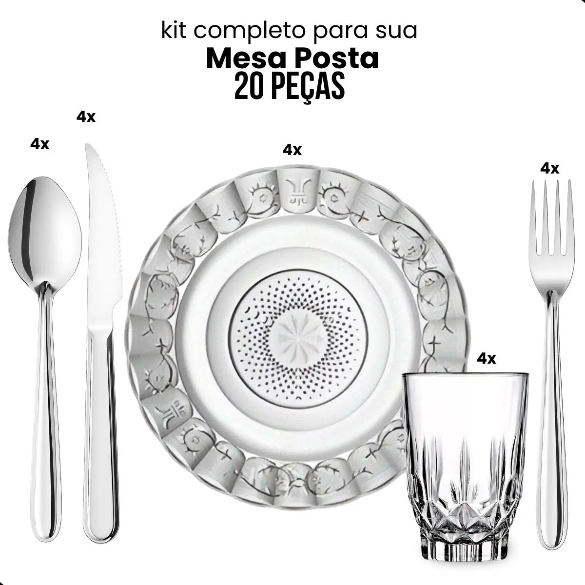 Jogo de Jantar 20 Peças Vidro e Inox 4 Pratos Estrela 4 Copos Konia Talheres Aço Inox Kit Completo Padrão — foto 3 de 9