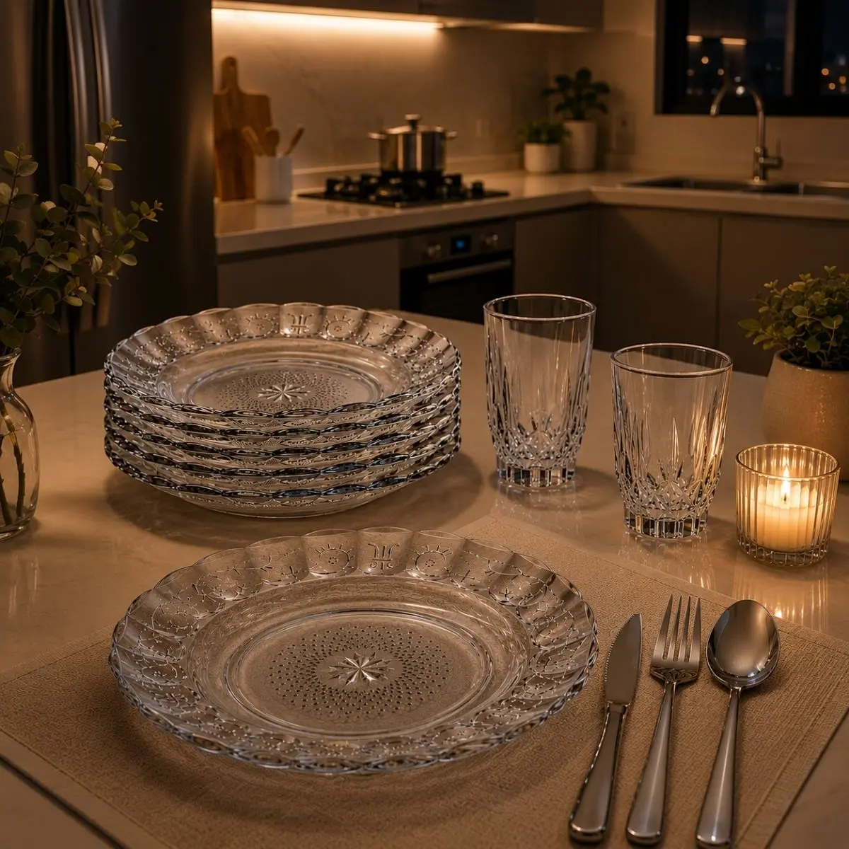 Jogo de Jantar 20 Peças Vidro e Inox 4 Pratos Estrela 4 Copos Konia Talheres Aço Inox Kit Completo Padrão — foto 5 de 9