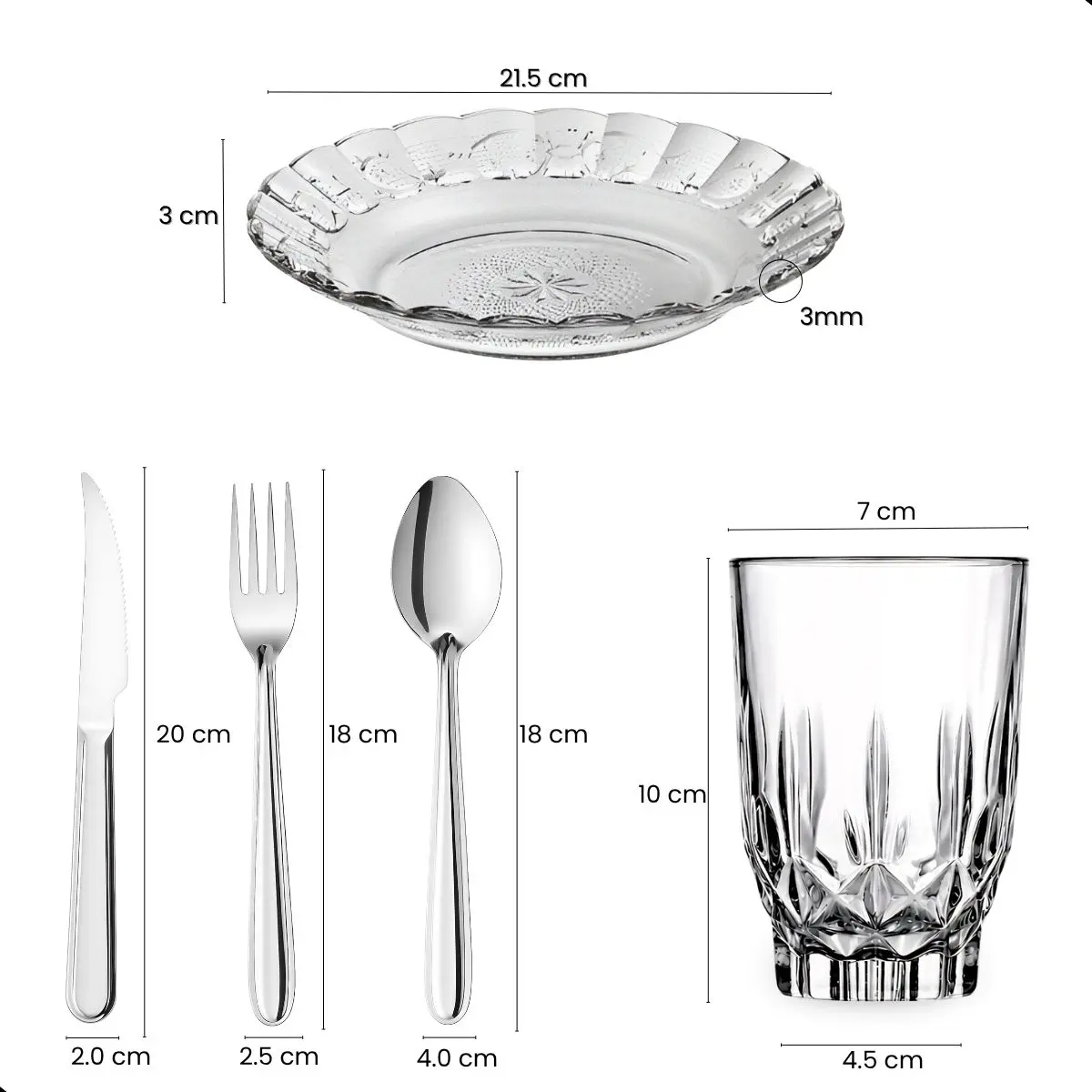 Jogo de Jantar 20 Peças Vidro e Inox 4 Pratos Estrela 4 Copos Konia Talheres Aço Inox Kit Completo Padrão — foto 6 de 9