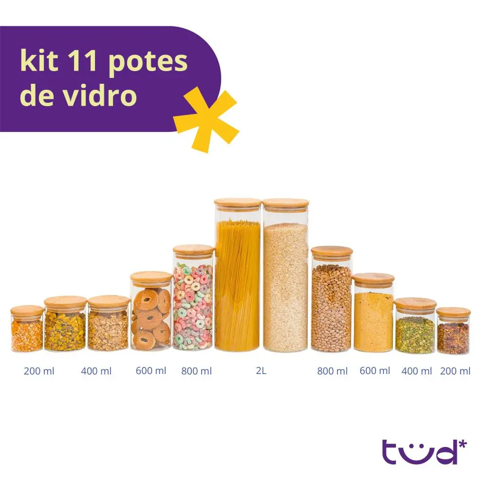 Kit 11 potes de vidro com tampa de bambu herméticos redondos - Tüd Padrão — foto 3 de 6