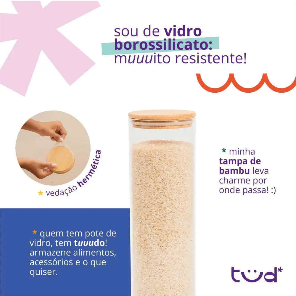 Kit 11 potes de vidro com tampa de bambu herméticos redondos - Tüd Padrão — foto 4 de 6