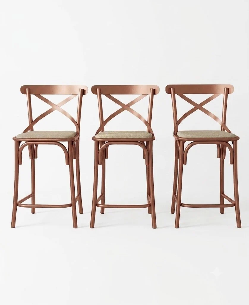 Kit 3 Banquetas Baixa Aço Cobre Assento Bege Modelo Katrina