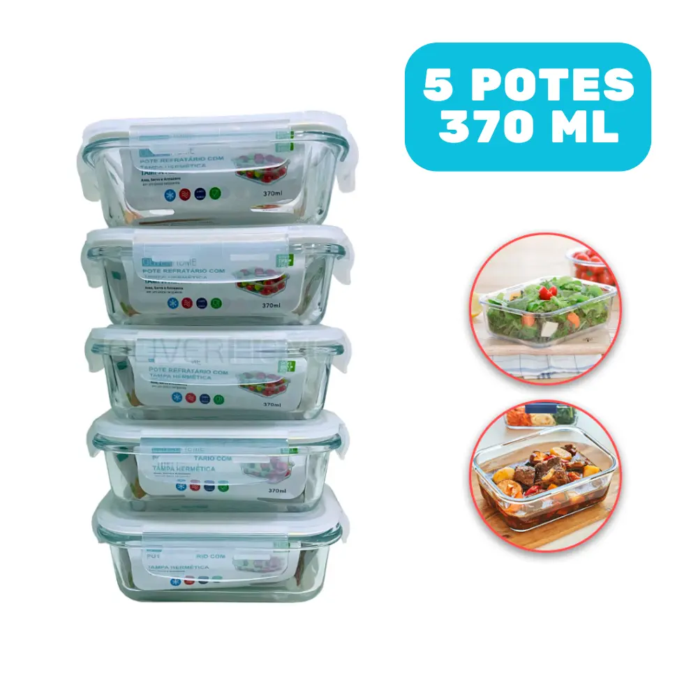 Kit 5 Potes Vidro Hermético mantimentos marmita 370ml - Pote Hermético - Oliver Home