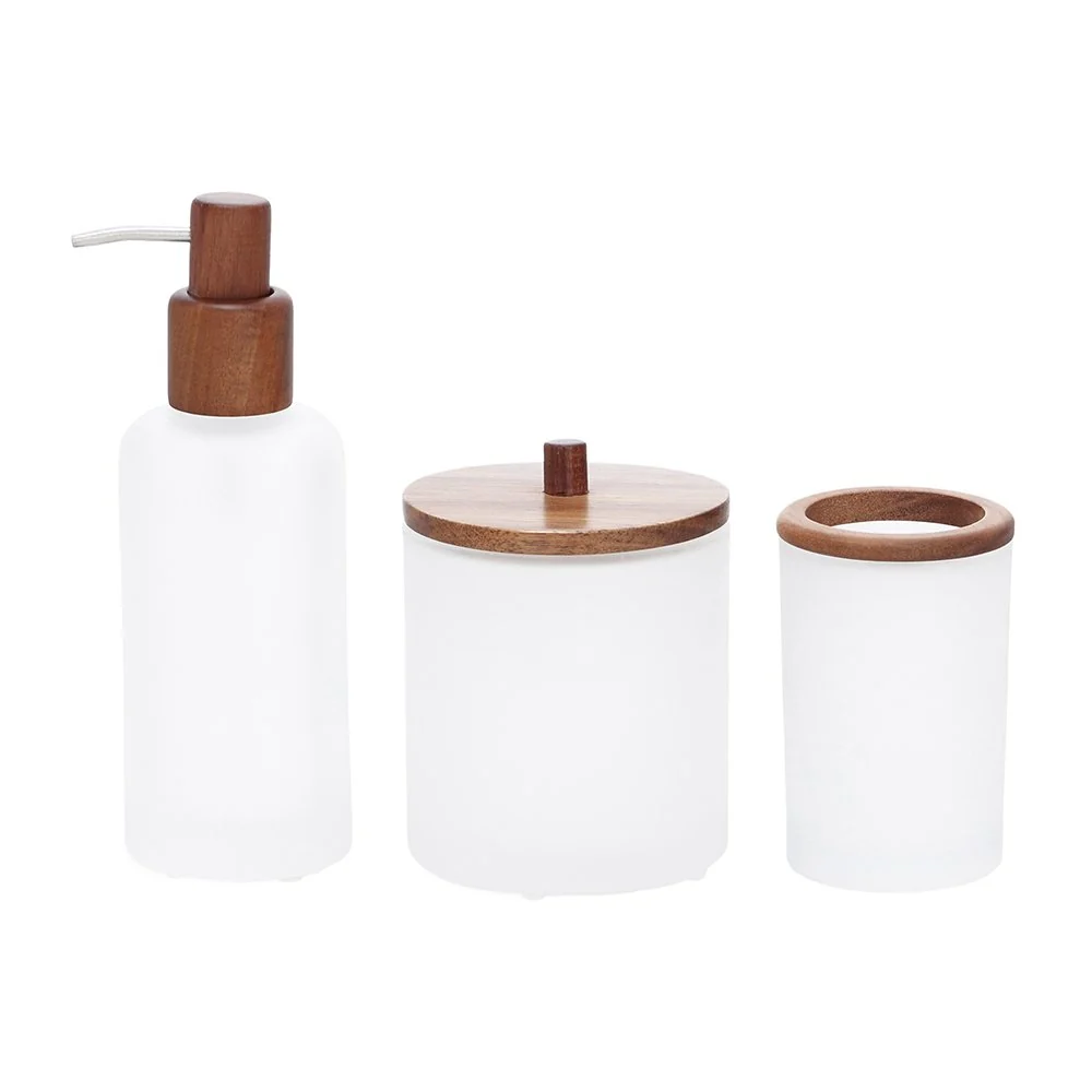 KIT EM VIDRO PARA BANHEIRO DETALHES MADEIRA 3 PECAS