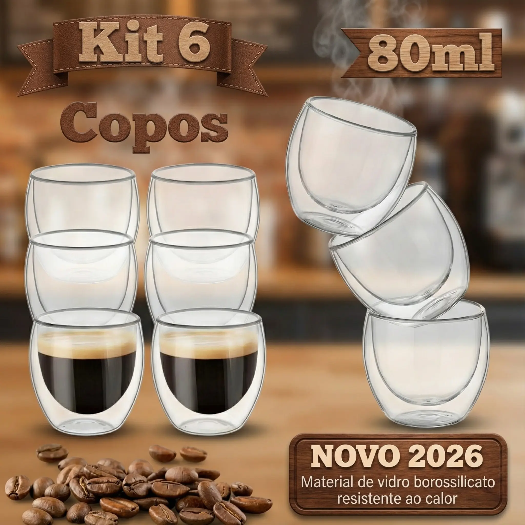 Novidades 2026Conjunto com 6 Copos de Vidro Térmico Dupla Parede para Café Expresso 80ml Kit 6(80ML) — foto 2 de 9