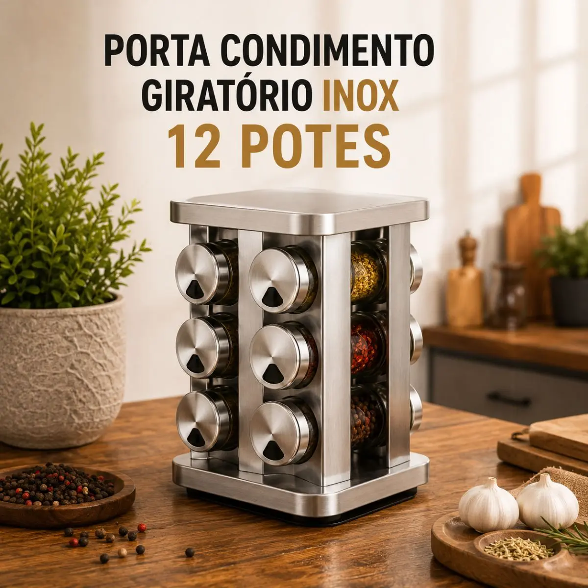 Porta Tempero Condimento Inox 12 Potes Suporte Giratório Quadrado — foto 2 de 9