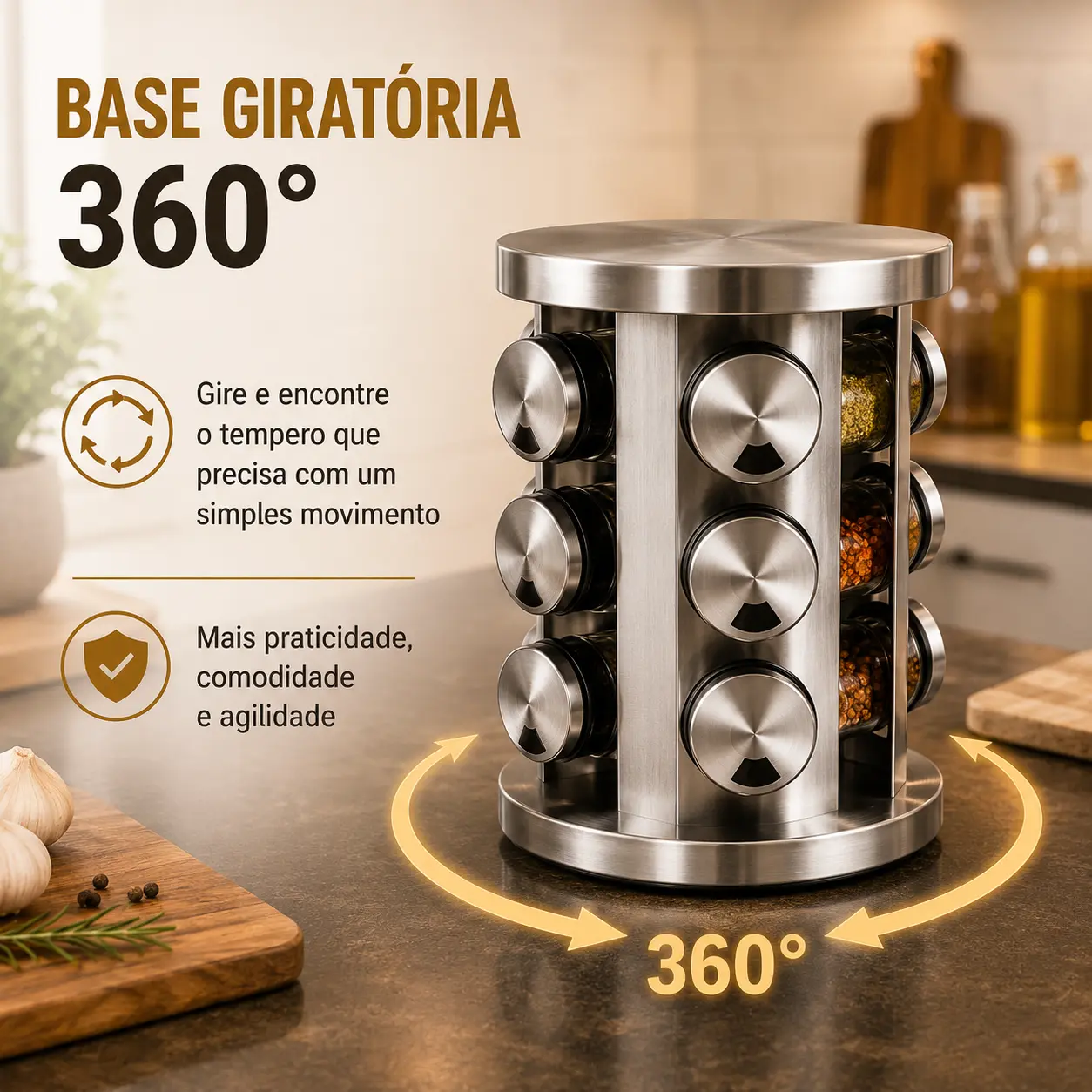 Porta Tempero Condimento Inox 12 Potes Suporte Giratório Quadrado — foto 5 de 9
