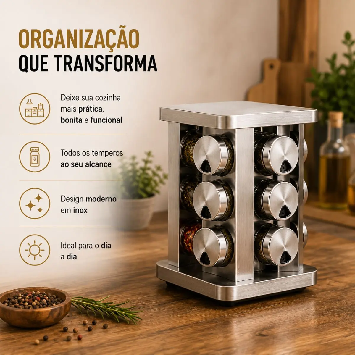 Porta Tempero Condimento Inox 12 Potes Suporte Giratório Quadrado — foto 6 de 9