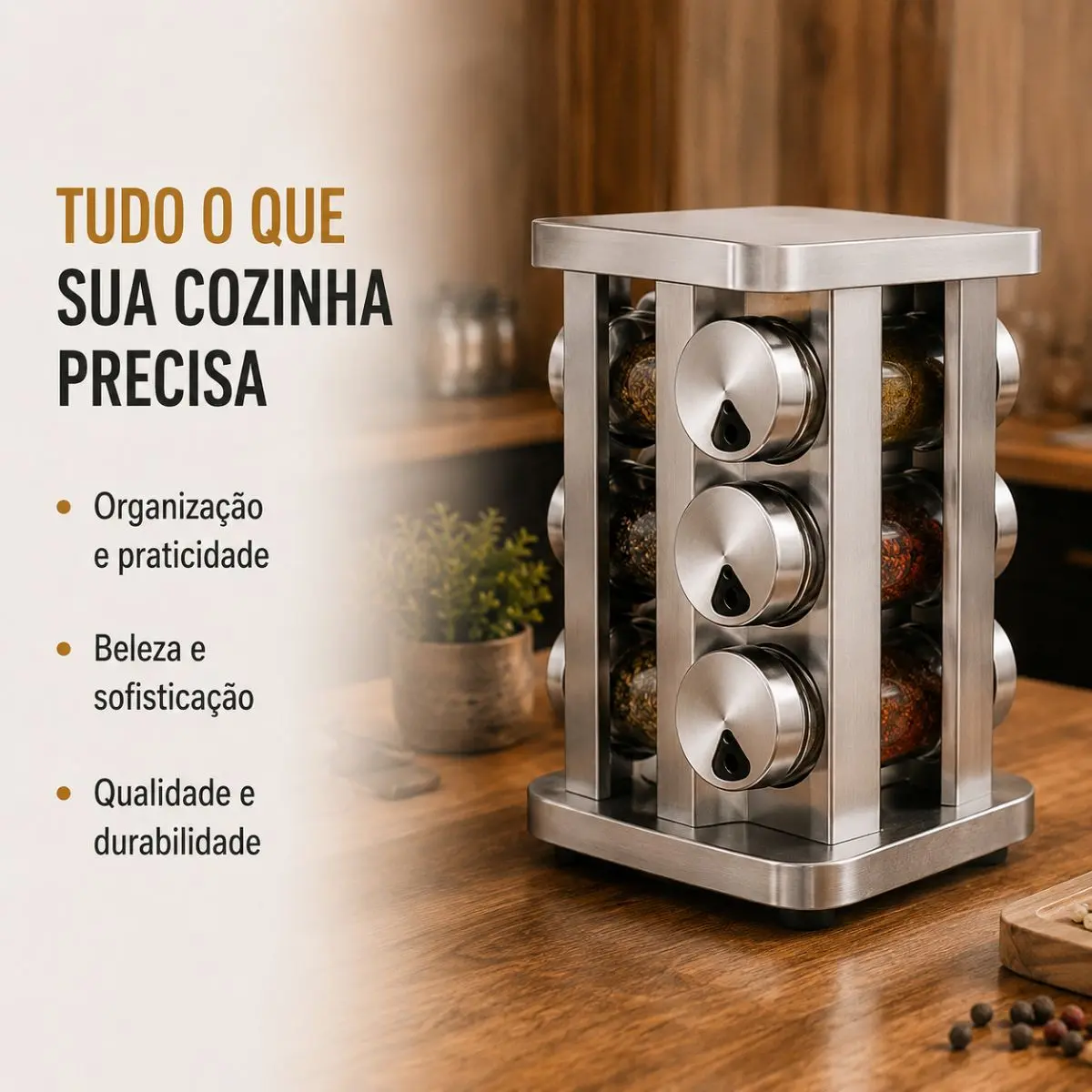 Porta Tempero Condimento Inox 12 Potes Suporte Giratório Quadrado — foto 9 de 9