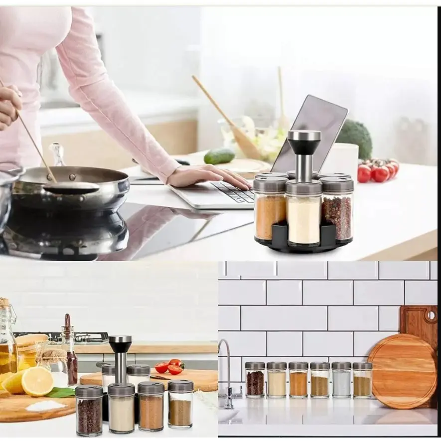 Porta tempero de mesa saleiro condimentos giratória 6 potes de vidro e aço inox KIT6 · 1 UNIDADE — foto 3 de 6