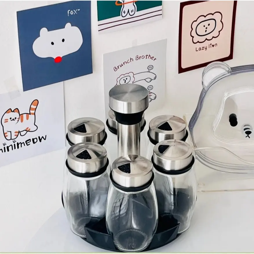 Porta tempero de mesa saleiro condimentos giratória 6 potes de vidro e aço inox KIT6 · 1 UNIDADE — foto 4 de 6