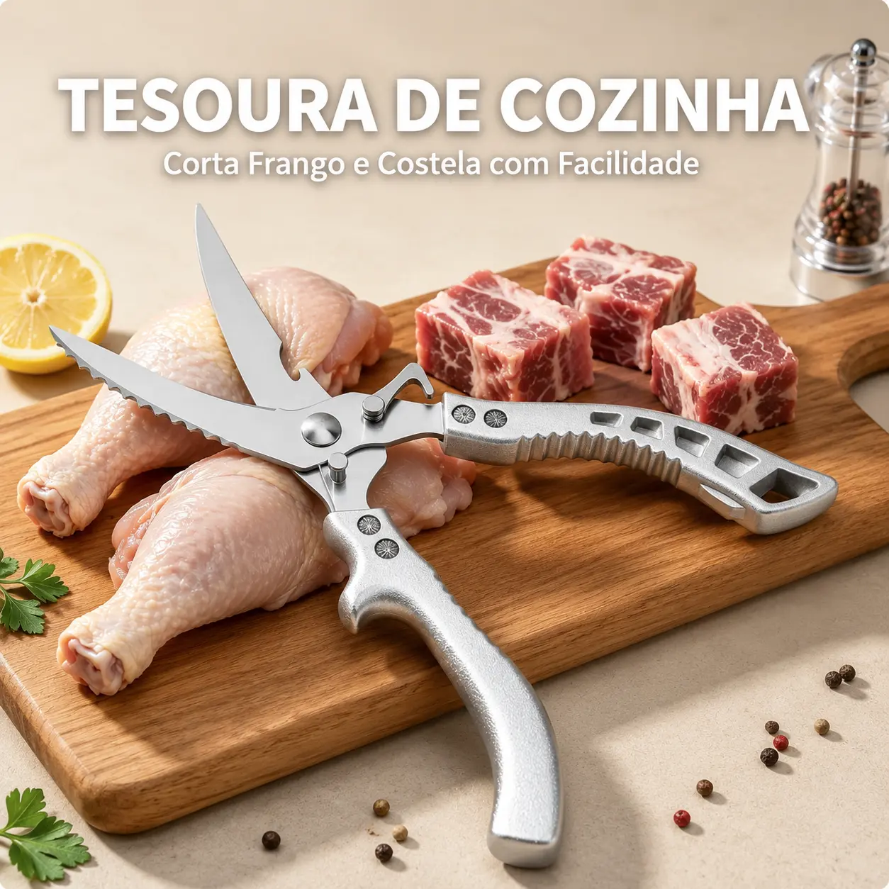 Tesoura de Cozinha Multiuso Forte - Corta Osso de Frango e Peixe, Carnes, Legumes | Aço Inoxidável Profissional