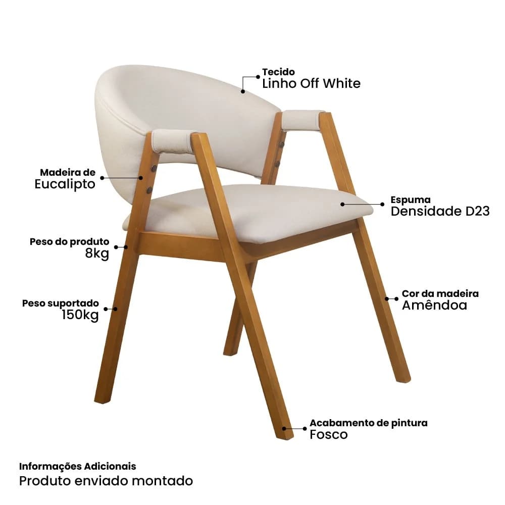 Cadeira de Jantar Estofada Litchi Amêndoa com Linho Off White - WP 59263 Off-white — foto 4 de 4