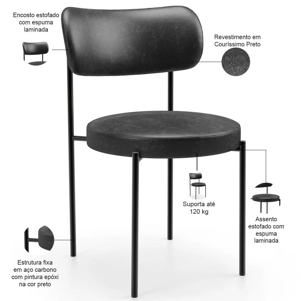 Cadeira Decorativa Estofada Para Sala De Jantar Louise L02 Couríssimo Preto - Lyam Decor Preto — foto 4 de 8