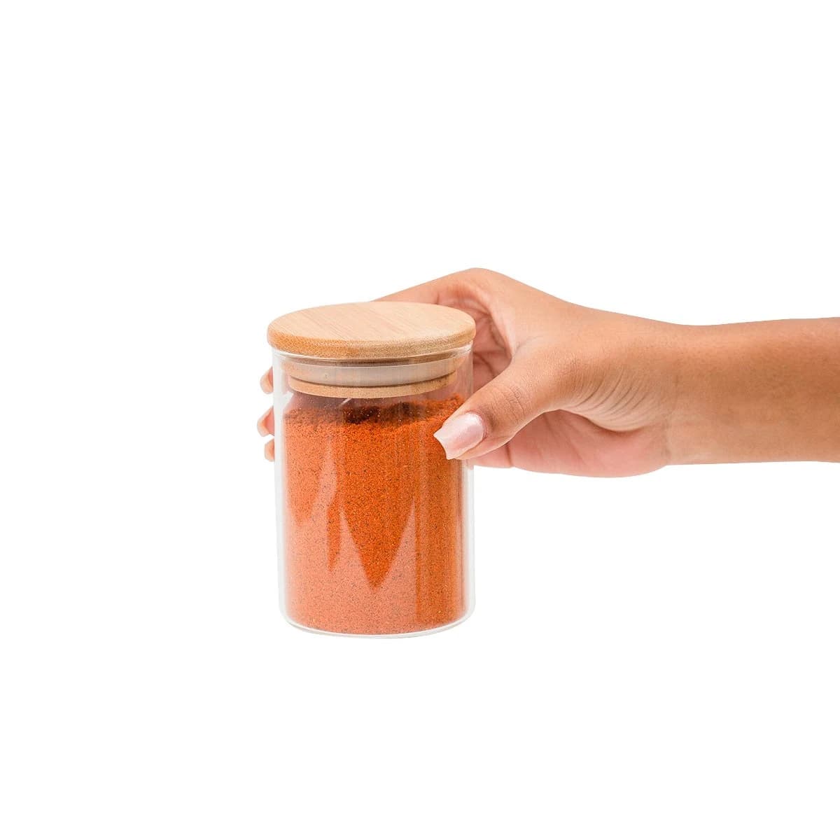 Jogo 12 potes de vidro 250ml com tampa de bambu herméticos para tempero - Oikos Natural — foto 2 de 8