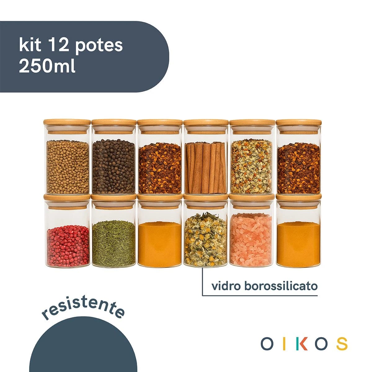Jogo 12 potes de vidro 250ml com tampa de bambu herméticos para tempero - Oikos Natural — foto 4 de 8