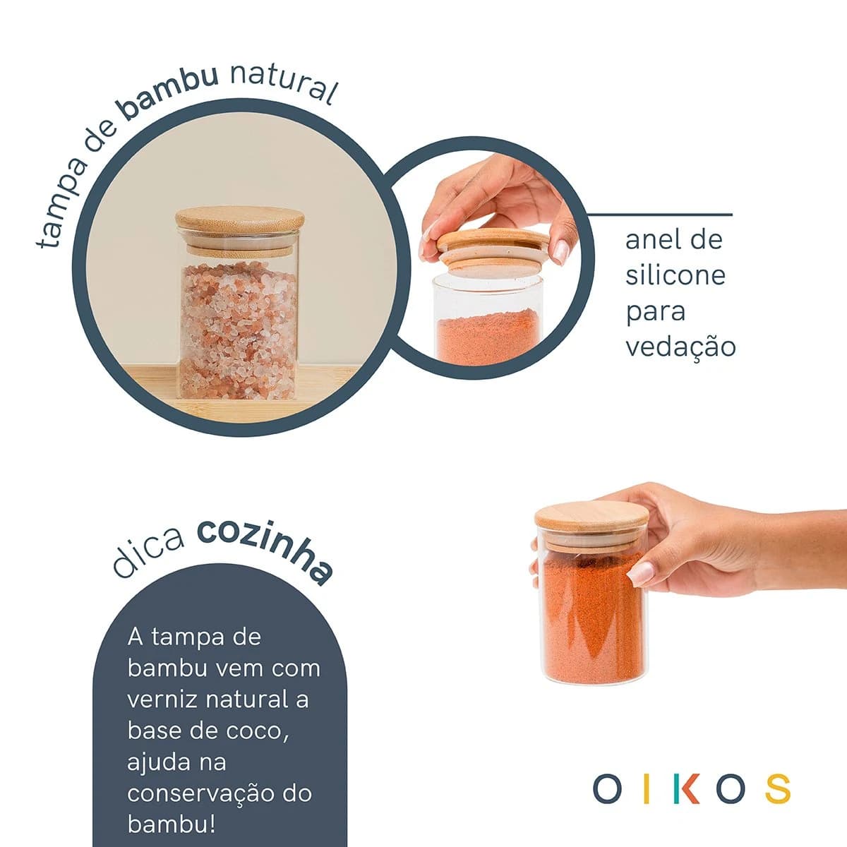 Jogo 12 potes de vidro 250ml com tampa de bambu herméticos para tempero - Oikos Natural — foto 5 de 8