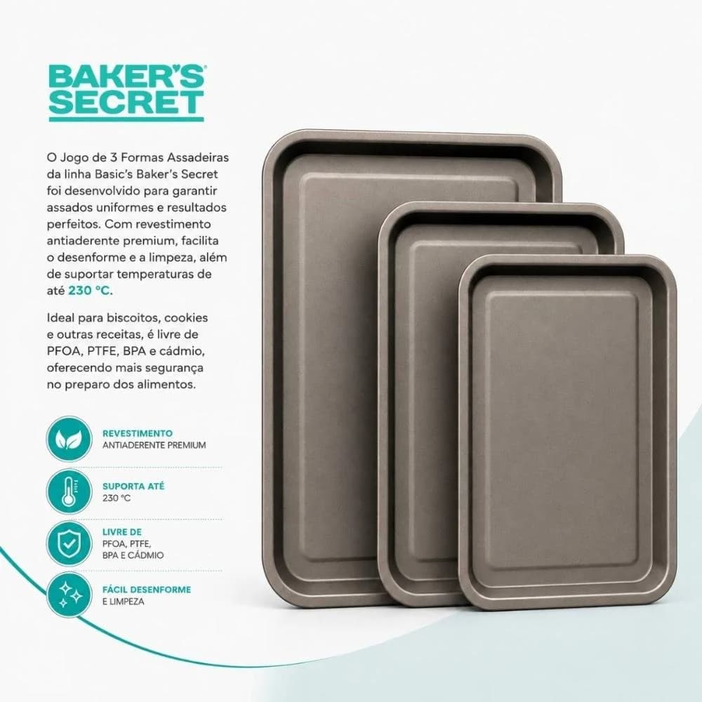 Jogo 3 Formas Assadeira Cookies Antiaderente Baker's Secret Único — foto 6 de 9