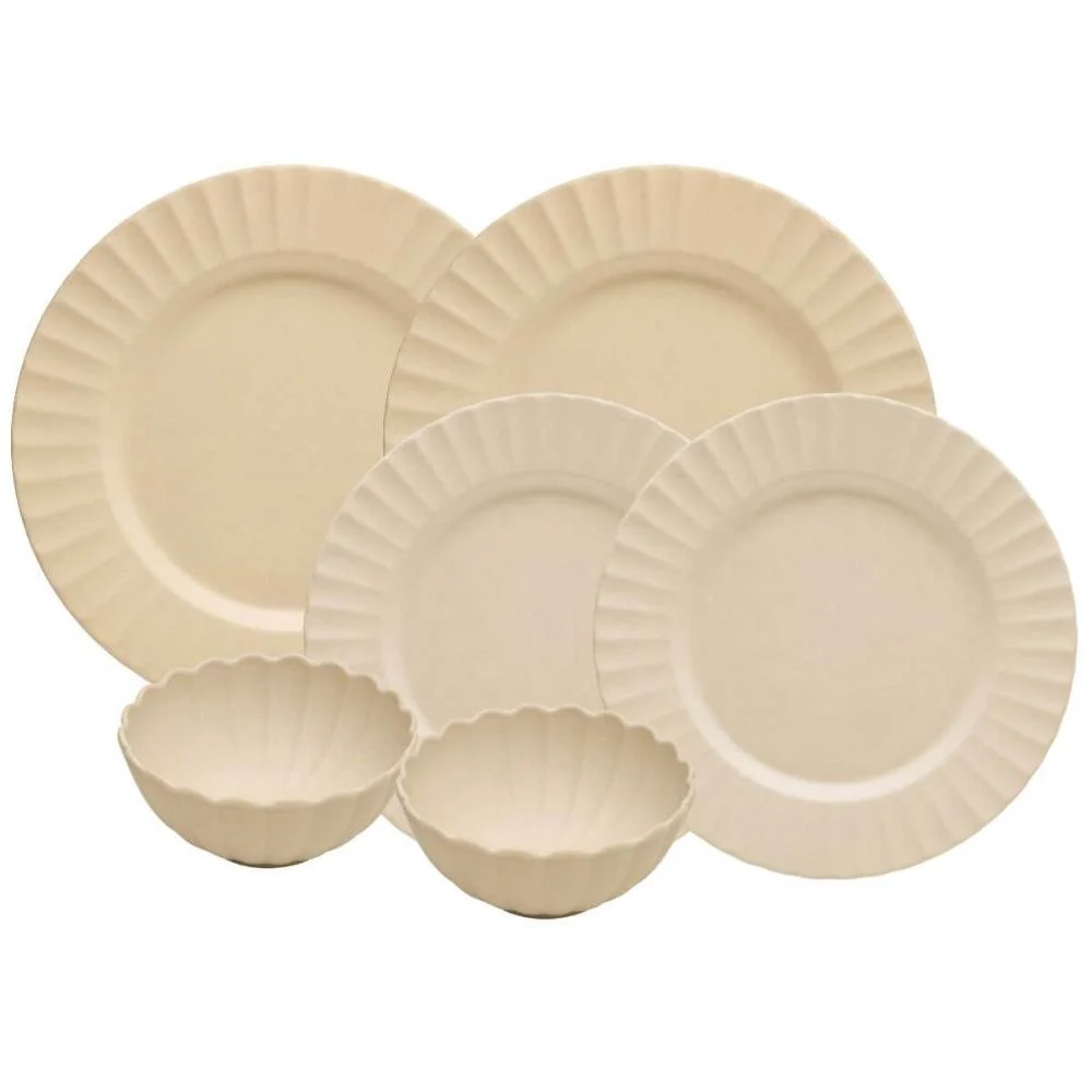 Jogo 6 Peças Pratos Raso Sobremesa Bowls Bege Melamina Lyor Mesa Posta Buffet Servir