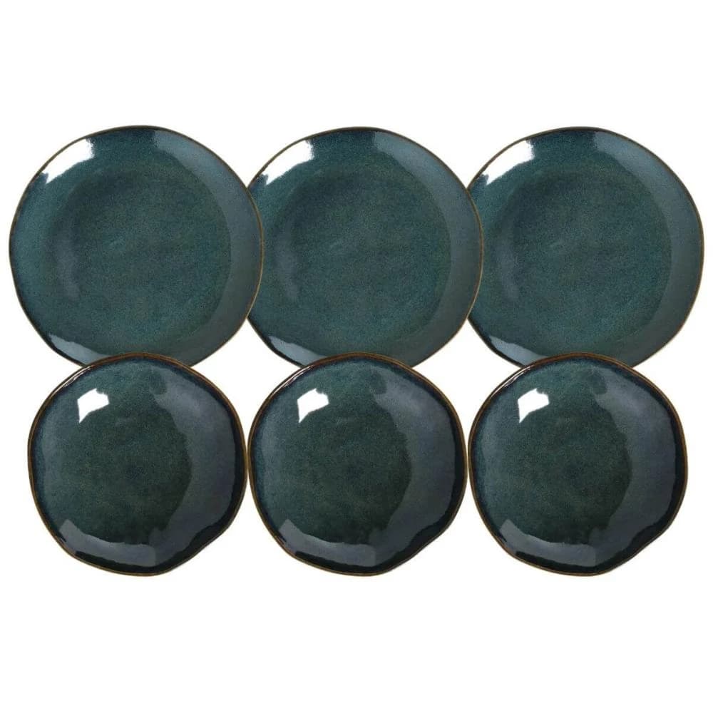 Jogo 6 Pratos Rasos 26cm 6 Pratos Fundos 21cm Azul Cerâmica Orgânico Oceano Porto Brasil