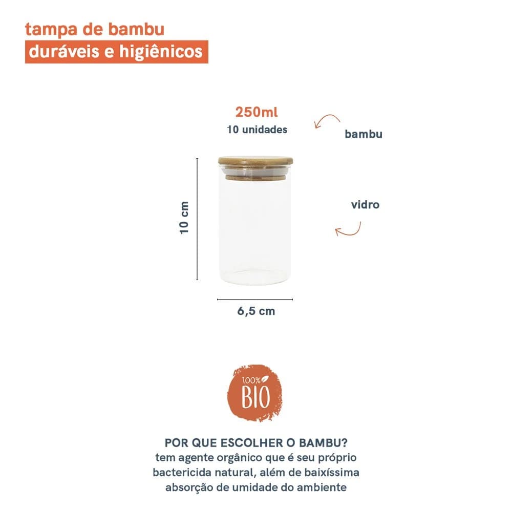 Jogo de 10 Potes Herméticos de Vidro Tampa de Bambu - 250 Ml Oikos Natural — foto 3 de 8