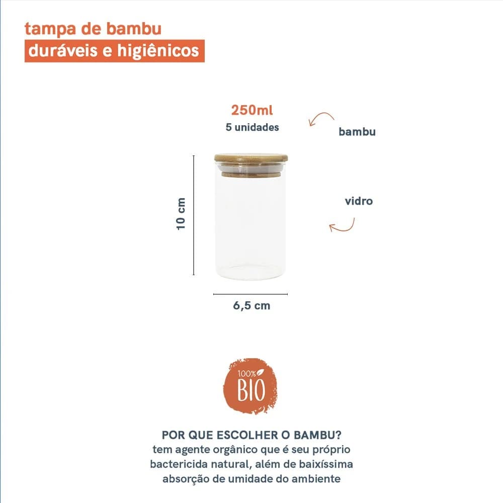 Jogo de 5 Potes Herméticos de Vidro Tampa de Bambu - 250 Ml Oikos Natural — foto 3 de 8
