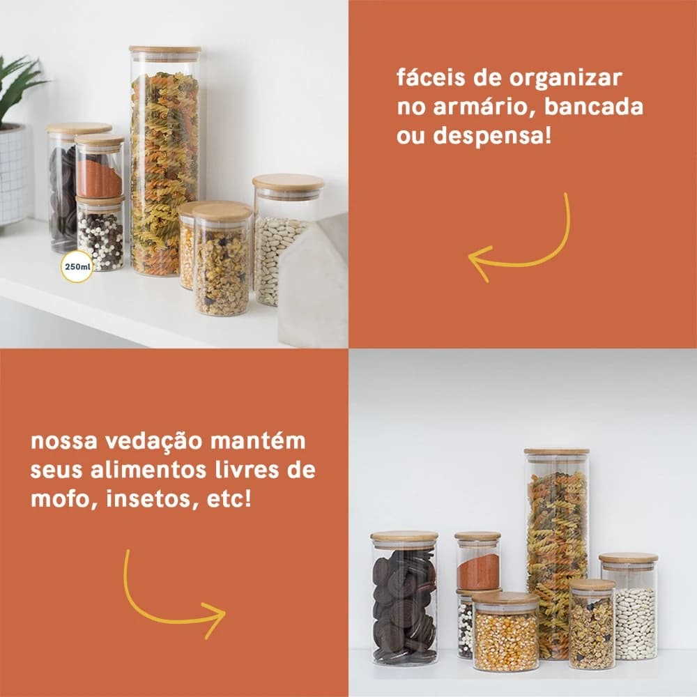 Jogo de 5 Potes Herméticos de Vidro Tampa de Bambu - 250 Ml Oikos Natural — foto 8 de 8