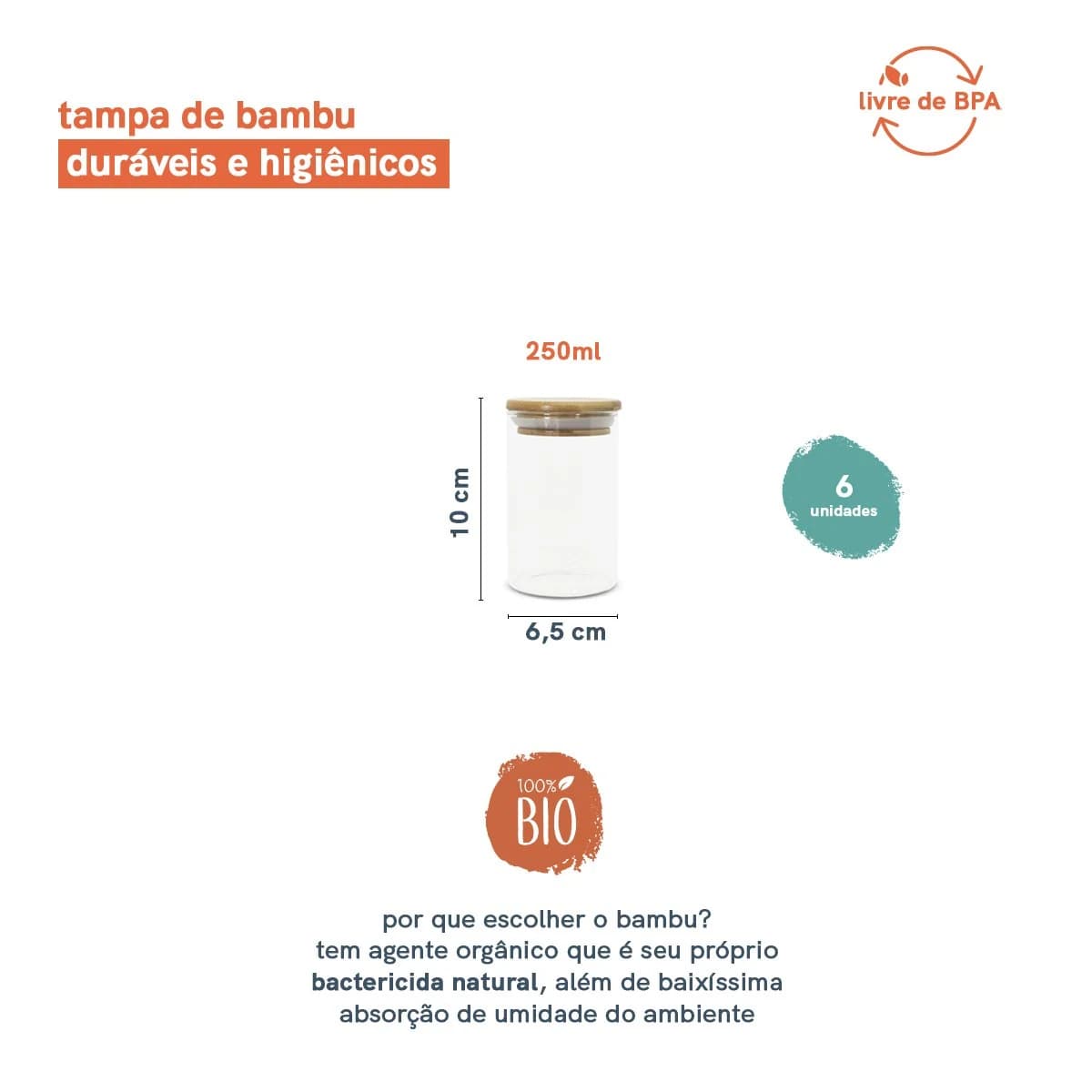Jogo de 6 Potes Herméticos de Vidro Tampa de Bambu - 250 Ml Oikos Natural — foto 2 de 8